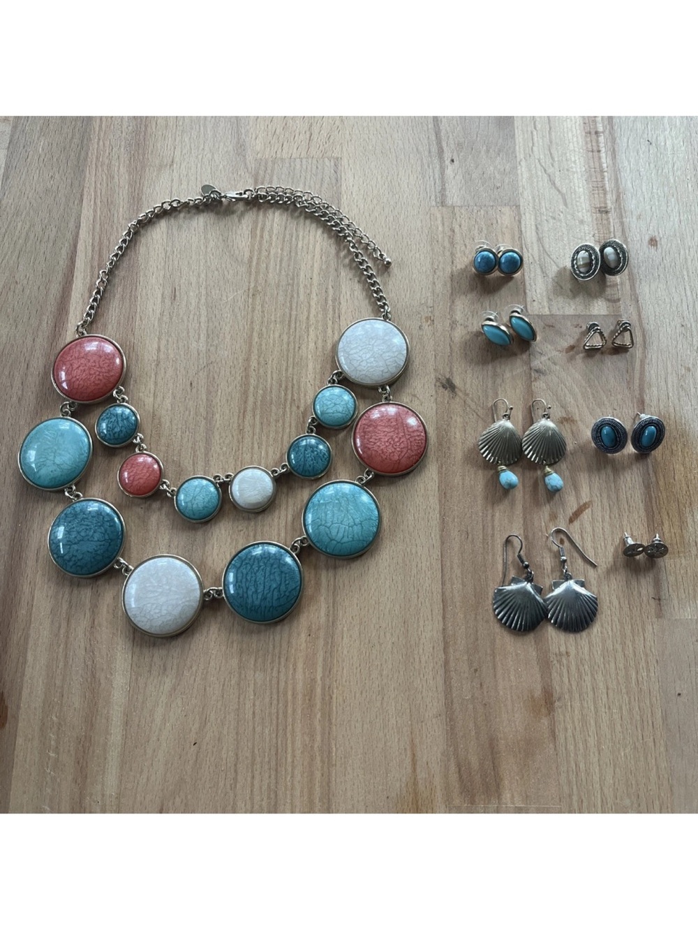 Boho Coastal Necklace & Earring Lot Of 9 Turquoise Jewelry Beach Shell Set